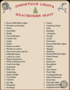 a christmas light scavenger hunt is shown in this printable list for the holiday season