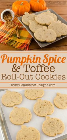 pumpkin spice and toffee roll - out cookies on a baking sheet with oranges in the background