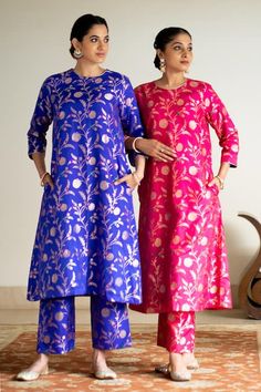 Buy Blue Brocade Hand Embroidered Floral Handwoven Straight Kurta Pant Set For Women by Sobariko Online at Aza Fashions. Kurta Pant Set, Embroidered Dupatta, Straight Kurta, Pant Set, Set For Women, Aza Fashion