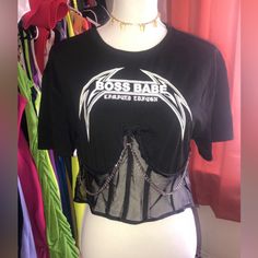 Fashionnova Boss Babe Women’s Corset Top. Nwt Size 1x. Y2k Crew Neck T-shirt For Night Out, Y2k Tops With Letter Print For Night Out, Y2k Style Tops With Letter Print For Night Out, Y2k Letter Print Tops For Night Out, Graphic Cotton T-shirt For Night Out, Edgy Letter Print T-shirt For Night Out, Y2k Graphic Print T-shirt For Night Out, Y2k Style Crew Neck T-shirt For Night Out, Y2k Black T-shirt For Night Out