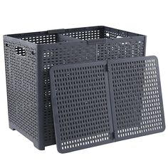 two black plastic storage bins with holes on the front and sides, one is empty