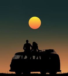 two people standing on the roof of an old car in front of a sunset with the sun behind them