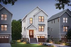 two story house with white siding and brown doors