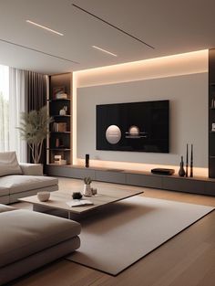 modern living room with white furniture and large screen tv