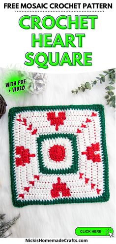 a crocheted square with red and white flowers on it, in the shape of a