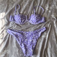 Never Worn Before Purple/Lilac Floral Bikini Set From Shein Lavender Swimwear For Spring Pool Time, Purple Floral Print Swimwear For Summer, Purple Swimwear For Spring, Purple Floral Print Summer Swimwear, Purple Swimwear For Spring Poolside, Purple Swimwear For Poolside In Spring, Lavender Summer Swimwear For Sunbathing, Lavender Swimwear For Sunbathing, Purple Lilac