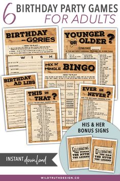 six birthday party games for adults with the text, which is in black and white