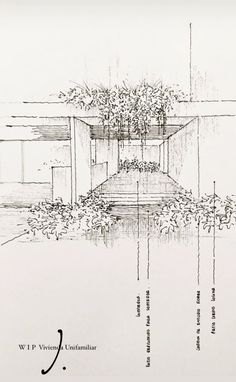 a drawing of a house with water and plants