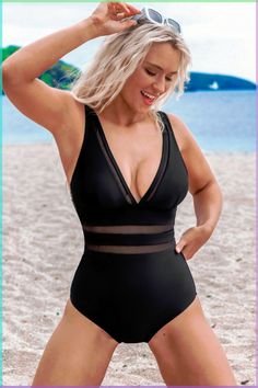 Flaunt your style with our Mesh Paneling V-Neck One-Piece Swimsuit. Designed with sleek mesh panels and a flattering V-neckline, this swimsuit is perfect for a modern, sophisticated look by the water. Product code: CAA12E4F066AA Features:  V-neckline Adjustable cami straps Removable soft cups Mesh inserts Classic bum coverage Wash Method: Regular Wash Lining: 92%POLYESTER,8%SPANDEX Material: 80%NYLON,20%SPANDEX. Classy Swimwear, Beachwear Dresses, Affordable Swimwear, Long Torso, Swimsuit Shops, Mesh Panel, Hair Cut, Summer Style, Jumpsuits For Women