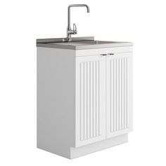 a white cabinet with a sink and faucet on it's side, in front of a white background