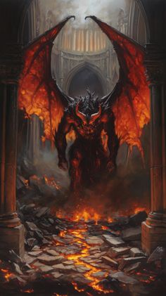 a demonic demon standing in the middle of a fire filled building with flames coming out of it