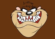 an angry looking cartoon character with his mouth wide open and sharp teeth, on a brown background