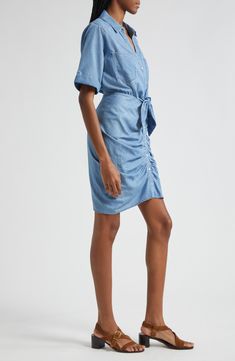 A fresh twist on casual shirtdress style features a re-positioned snap placket and a jaunty tie fixed at the waist. 38" length (size 8) Front tie closure Spread collar Short sleeves Attached sash 60% cotton, 40% Tencel® lyocell Tencel lyocell is a more-sustainably produced fiber made with closed-loop processing Dry clean Imported Shirt Dress Style, Veronica Beard, Nordstrom Store, Free Fabric, Anniversary Sale, Fabric Gifts, Best Sellers, Cotton Blend, Twist