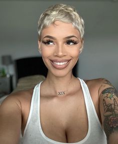 Cute Short Pixie Haircut Black Women, Blonde Pixie Wig For Black Women, Short Pixie Blonde Hairstyles, Blonde Pixie Brown Eyes, Pixie Cut For 2024, Blonde Short Pixie Haircut, Ash Blonde Pixie Haircut Black Women, Pixie Platinum Blonde Hair, Teyana Taylor Pixie Haircut