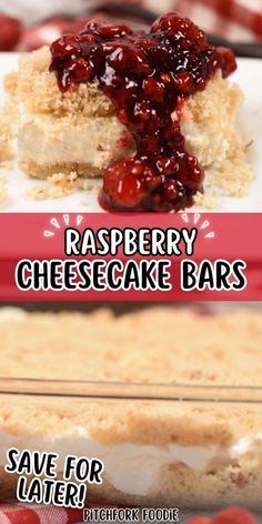 raspberry cheesecake bars on a plate with the words save for later