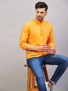 Vastramay Men's Orange Short Cotton Kurta Short Kurta, Orange Material, Cotton Kurta, Orange Shorts, Casual Trousers, Vibrant Orange, Mandarin Collar, Color Orange, Orange Color