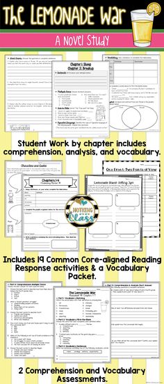 This novel study for The Lemonade War, by Jacqueline Davies, contains 139 pages of resources, including comprehension, vocabulary, Common Core-aligned reading response activities, assessments, and more. Focus standards include figurative language, setting, character analysis, theme, and plot. Easy to use and student-friendly! Reading Response Activities, Novel Study Units, 5th Grade Reading, 4th Grade Reading, 3rd Grade Classroom, Character Analysis, Novel Study, Reading Response, Literature Circles