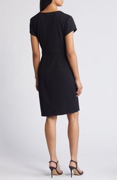 A bold asymmetric neckline lends modern detail to a sophisticated sheath dress made with comfortable stretch. 39" length Hidden back-zip closure Asymmetric neck Short sleeves Partially lined 96% polyester, 4% spandex Machine wash, tumble dry Imported Sleek Sheath Midi Dress, Chic Bodycon Dress With Structured Shoulders For Work, Fitted Midi Dress With Asymmetrical Neckline And Flattering Silhouette, Fitted Asymmetrical Midi Dress For Office, Sheath Bodycon Dress For Workwear, Office Bodycon Midi Dress In Elastane, Elegant Elastane Bodycon Dress For Work, Elegant Bodycon Dress For Work, Sleek Bodycon Dress With Asymmetrical Neckline