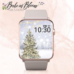 an apple watch with a christmas tree on the screen and snowing in the background