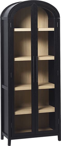 a black cabinet with two glass doors on the front and bottom shelves, both open