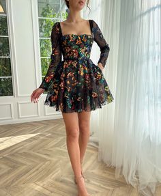 Black Swan Mini Dress | Teuta Matoshi Long Sleeve Flower Dress Short, Mini Short Dress, Tulle Party Dress Short, Lace Party Dress With Square Neck, Party Lace Dress With Square Neck, Lace Square Neck Party Dress, Square Neck Lace Party Dress, Glamorous Gala Dress With Square Neck, Glamorous Square Neck Dress For Gala