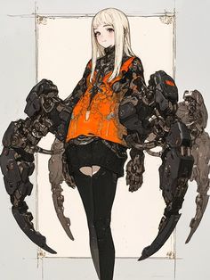 a drawing of a woman in an orange shirt and black pants with large claws on her back