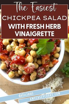 This delicious Chickpea Salad with a Fresh Herb Vinaigrette is bright and bursting with flavor. It takes only minutes to toss together this easy salad with cherry tomatoes and Parmesan cheese, and it compliments any meal. Perfect to meal prep, the hearty salad stays fresh for days in the refrigerator. Herb Vinaigrette, Sheet Pan Dinners Recipes, Hearty Salads, Chickpea Salad, Easy Salad Recipes, Yummy Lunches, Chicken Salad Recipes, Easy Delicious Recipes