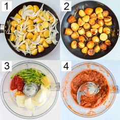 four pictures showing the steps to make roasted potatoes