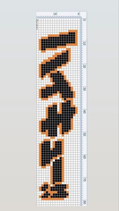 an orange and black cross stitch pattern on a white background, with the word's name