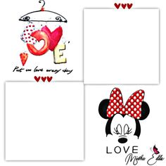 mickey mouse postcard set with the letter e and minnie mouse's head on it