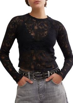 Designed to add effortless edge to any look, this tee from Free People is featured in a sheer mesh lace fabrication for added dimension. | Free People Women's In the Meadow T-Shirt, Black, X-Large Fall Denim, Mens Style Guide, Black Lace Tops, Long Sleeve Knit Tops, Black Laces, Matching Dresses, Outdoor Apparel, Black Tee, Pullover Styling