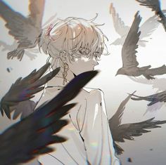 an anime character is surrounded by birds