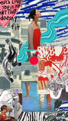 collage of mixed media images with woman in red dress