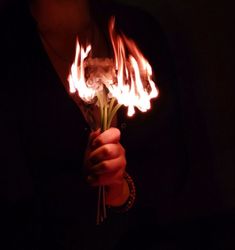 a woman holding some flowers with fire in her hands