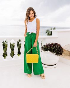 these pants put us in a spring mood 💐💚 On My Heart Green Wide Leg Pants Watch Closely Yellow Stitched Purse Trendy & Affordable Clothing || Live With Purpose 💕 Dress With Confidence || Text MINT to 90243 for 15% off #shopthemint #fashion #outfitinspo Chic Wide Leg Pants For Vacation, Chic Wide Leg Pants For Brunch, Wide-leg Pants With Tie Waist For A Day Out, Chic Green Wide Leg Pants For Vacation, Tie Waist Pants For Day Out, Chic High-waisted Pants For Brunch, Straight Pants With Tie Waist For Day Out, Wide-leg Pants With Elastic Waistband For Brunch, Chic Tie Waist Pants For Vacation