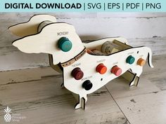 a wooden toy dog with buttons on it's back and the words digital download svg