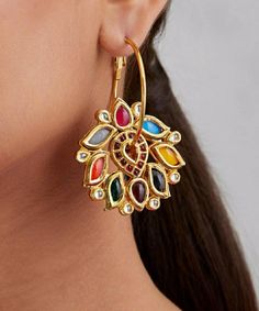 These Bali Navratan earrings feature kundan and Navratan stones and beautiful meenakari at the back with silver alloy and an intricate pattern. This exquisite design is embellished with meenakari work lining the kundan encrusted work. Closure - Lever back Style Tip - These artistic earrings are a perfect amalgam of both modern and traditional opulence. These earrings can be styled with any look from a lehenga to a simple anarkali and a saree - you name it and it Customized orders takes 3 to 4 we Simple Anarkali, Artistic Earrings, Purple Saree, Silver Pooja Items, Chandbali Earrings, Bandhani Saree, Pakistani Jewelry, Saree Look, Anarkali