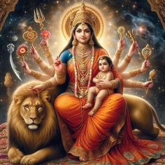 the goddess sitting on top of a lion and holding a baby in her lap, surrounded by other animals