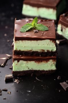 there is a piece of cake with chocolate and mint on it