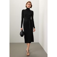 Black knit (100% Bright Rayon). Hourglass. Long sleeves. Turtleneck. Tie closure. 47.5" from shoulder to hemline. Imported. Rent The Runway, Closet Designs, Gold Fashion, Black Knit, Sporty Style, Sneakers Fashion, Turtle Neck, Midi Dress, Long Sleeve