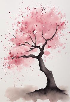 a watercolor painting of a tree with pink leaves on it's trunk and branches