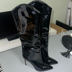 Schutz Black Patent Leather Calf Boots Size 6.5 Brand New Casual Black Pointed Toe Knee-high Boots, Casual Black Knee-high Boots With Pointed Toe, Black Pointed Toe Heeled Boots For Office, Black Pointed Toe Mid-calf Boots For Office, Black Snip Toe Heels For Work, Black High Heel Mid-calf Boots For Night Out, Black High Ankle Mid-calf Boots For Office, Black Mid-calf Closed Toe Boots, Designer Patent Leather Pointed Toe Boots