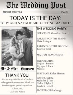 the wedding party flyer is shown with an image of a bride and groom on it