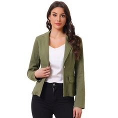 Designed with a notch lapel collar and princess line, this ageless piece is the perfect insert to your workwear collection. Classic yet utilitarian style defines this button-front jacket made of washed denim with just a hint of stretch. The denim blazer has a timeless wash and button front. Pair it with the matching pants for a complete look! Green Blazer Outfit, Princess Line, Utilitarian Style, Lapel Blazer, Denim Pocket, Green Blazer, Denim Blazer, Button Up Long Sleeve, Matching Pants