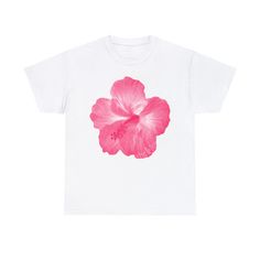 Unisex Classic Tees White Hibiscus Print Graphic Tee, White Graphic Tee With Hibiscus Print, White Hibiscus Print Crew Neck T-shirt, White Hibiscus Print Casual T-shirt, White Crew Neck T-shirt With Hibiscus Print, White Casual T-shirt With Hibiscus Print, Casual White T-shirt With Hibiscus Print, Hibiscus Print Graphic Tee With Short Sleeves, Pink Hibiscus Print Crew Neck T-shirt