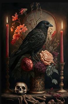 Black cat Raven Halloween Poster Dark Witch Gothic Canvas-MoonChildWorld Skull Flowers, Crows And Ravens, Flowers Candles, Raven Skull, Crows Ravens, Crows, Ravens, Black Bird, Wall Art Canvas