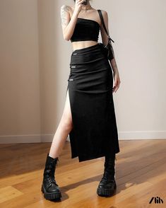 Zlily - Solid Color Slim Fit High-Waisted Stylish Split Hem Midi Skirt Mid Length Skirts, Black Midi Skirt, Skirt Skirt, Split Hem, Types Of Skirts, A Line Skirt, Skirt Length, A Line Skirts, Midi Skirt