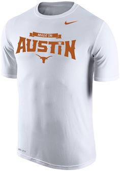 Keep cool while showing your Texas Longhorns spirit in this White Made In Austin T Shirt. This Short Sleeve is the perfect Tee for working out, heading to class, or cheering on the Longhorns. Featuring a screen print of "Made in Austin" across chest with Longhorn logo, there's no mistaking your Texas Longhorns pride in this Longhorns Made In Austin T Shirt! Dri-FIT fabric, Self-fabric neckband, Rib crew neck with interior taping, Streamlined athletic fit, Swoosh trademark screen-printed on the l Nike Crew Neck T-shirt For College, Nike Collegiate Crew Neck T-shirt, White Moisture-wicking T-shirt For College, Varsity Moisture-wicking T-shirt For College, Nike T-shirt With Text Print For Sports, Nike Collegiate Moisture-wicking T-shirt, Nike Varsity Crew Neck Tops, Varsity Moisture-wicking T-shirt For Sports, Varsity Moisture-wicking T-shirt For Sports Events