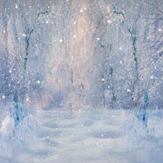 a painting of trees and snow in the woods with sunlight coming through them, on a snowy day