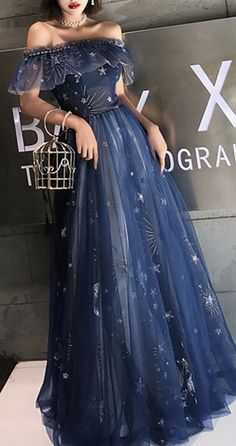 Prom Dress Constellation, Star Dresses Gowns, Constellation Dress Short, Sun And Moon Prom Dress, Prom Dresses Galaxy Theme, Celestial Prom Dress Blue, Constellation Prom Dress, Dark Blue Starry Dress, Midnight Garden Theme Prom Dresses